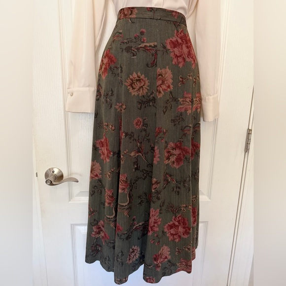 VTG 90s Dark Academia Taupe Burgundy Rose Floral Maxi Skirt By Koret, Size S-M - Picture 2 of 14